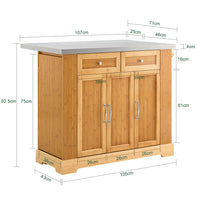 SoBuy Isola Cucina su Ruote con Piano di Lavoro Estendibile, Mobiletto Salvaspazio, Carrello da Cucina con Ruote, con Due Cassetti e Ripiano Regolabile Naturale 107x(46–71) x92,5 cm FKW130-N