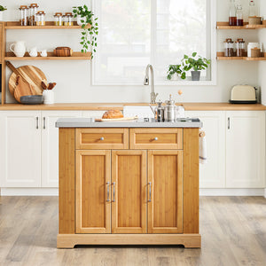 SoBuy Isola Cucina su Ruote con Piano di Lavoro Estendibile, Mobiletto Salvaspazio, Carrello da Cucina con Ruote, con Due Cassetti e Ripiano Regolabile Naturale 107x(46–71) x92,5 cm FKW130-N