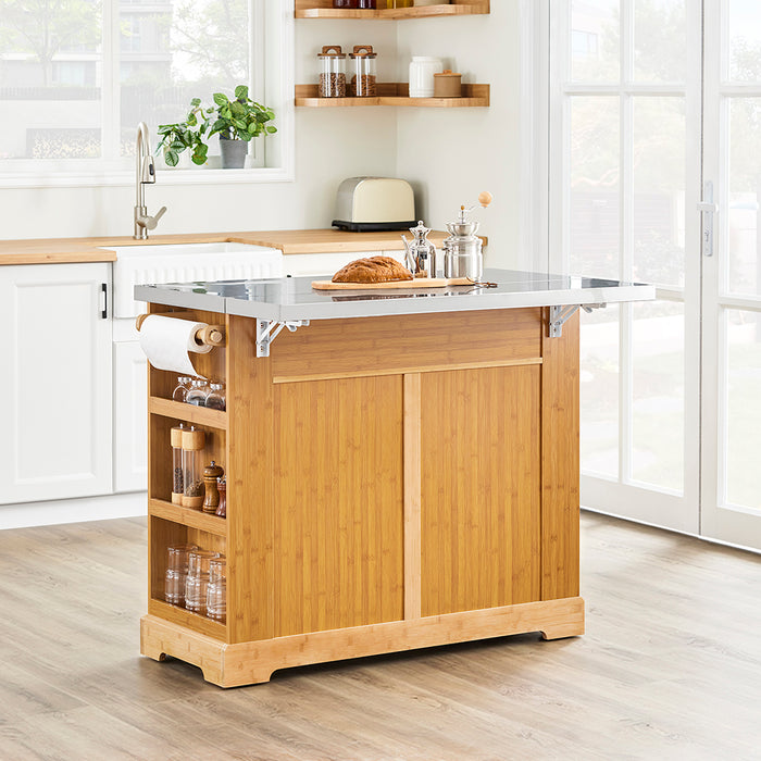 SoBuy Isola Cucina su Ruote con Piano di Lavoro Estendibile, Mobiletto Salvaspazio, Carrello da Cucina con Ruote, con Due Cassetti e Ripiano Regolabile Naturale 107x(46–71) x92,5 cm FKW130-N