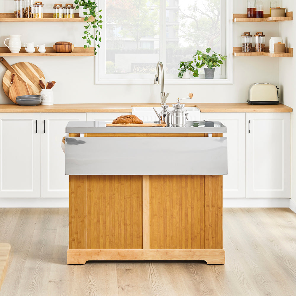 SoBuy Isola Cucina su Ruote con Piano di Lavoro Estendibile, Mobiletto Salvaspazio, Carrello da Cucina con Ruote, con Due Cassetti e Ripiano Regolabile Naturale 107x(46–71) x92,5 cm FKW130-N