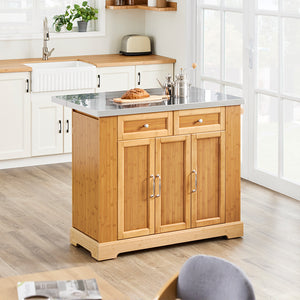 SoBuy Isola Cucina su Ruote con Piano di Lavoro Estendibile, Mobiletto Salvaspazio, Carrello da Cucina con Ruote, con Due Cassetti e Ripiano Regolabile Naturale 107x(46–71) x92,5 cm FKW130-N