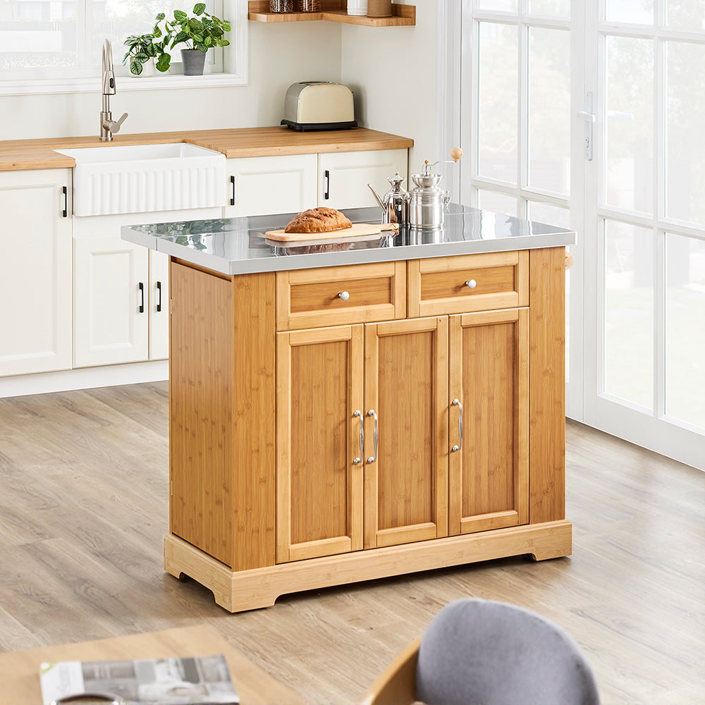 SoBuy Isola Cucina su Ruote con Piano di Lavoro Estendibile, Mobiletto Salvaspazio, Carrello da Cucina con Ruote, con Due Cassetti e Ripiano Regolabile Naturale 107x(46–71) x92,5 cm FKW130-N