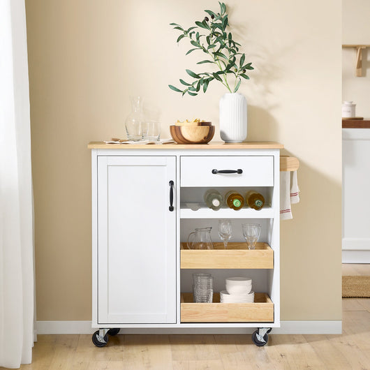 SoBuy FKW131-WN Carrello da Cucina con Ruote, Isola da Cucina con Piano di Lavoro in Legno di Gomma, Mobile Cucina Salvaspazio, Carrello Cucina con Cassetti 92x42x87 cm Bianco