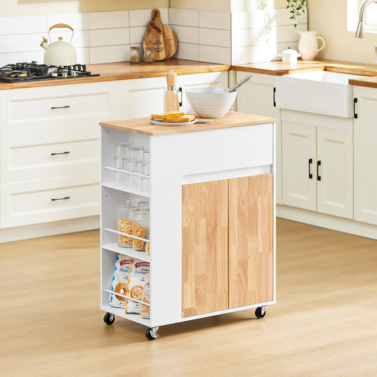 SoBuy Carrello da Cucina con Ruote, Isola da Cucina con Piano di Lavoro in Legno di Gomma, Mobile Cucina Salvaspazio, Carrello Cucina con Cassetti 70x40x90 cm Bianco FKW132-WN