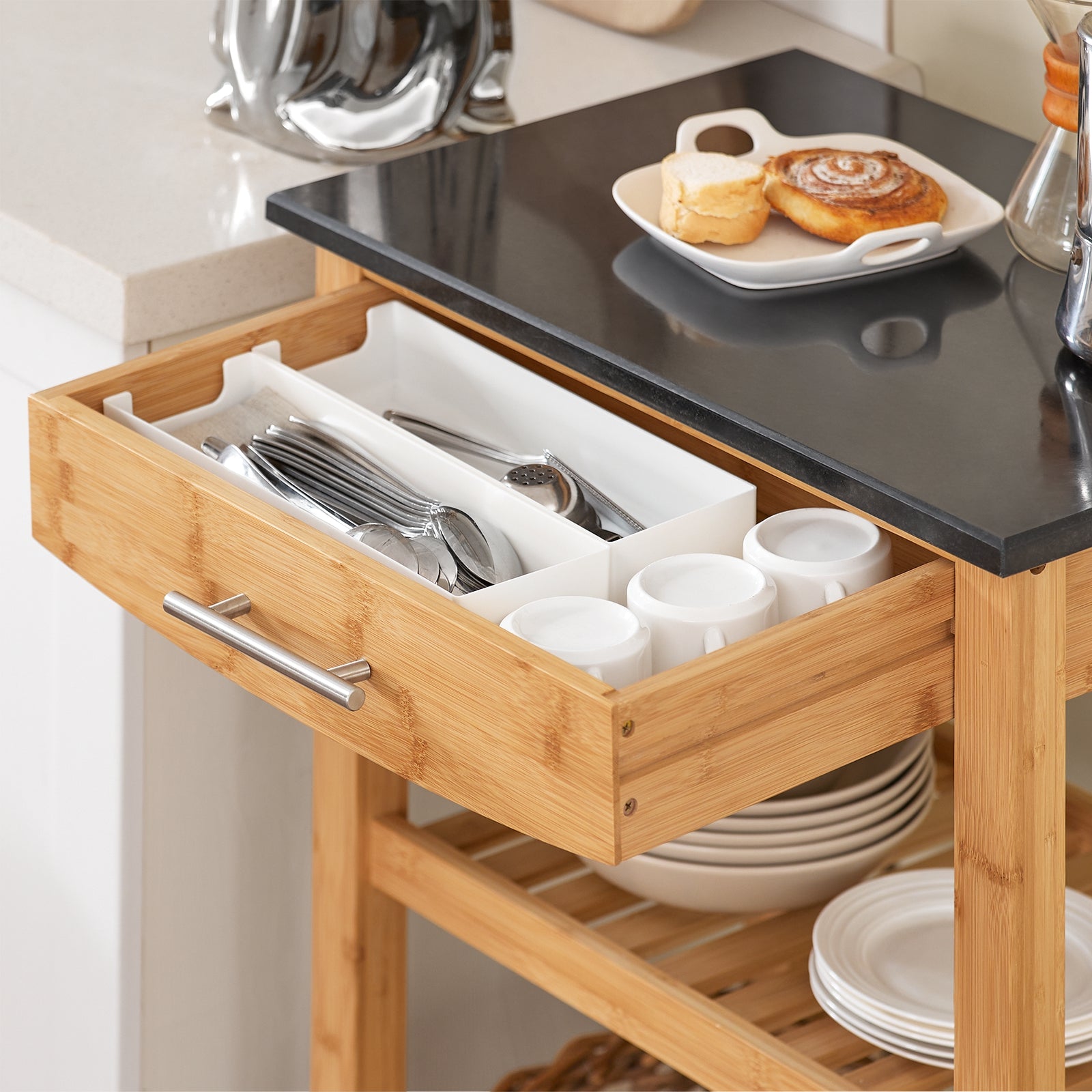 SoBuy Mobiletto cucina salvaspazio Carrello cucina con cesti Credenza soggiorno moderno con ruote Mobile dispensa Penisola cucina L58*P40*A85cm (FKW28-SCH)