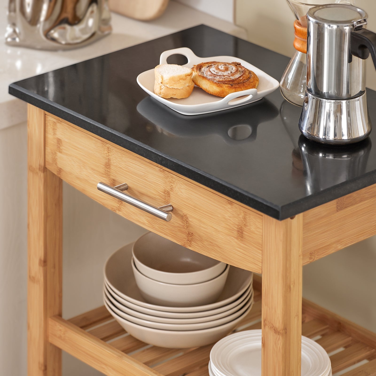 SoBuy Mobiletto cucina salvaspazio Carrello cucina con cesti Credenza soggiorno moderno con ruote Mobile dispensa Penisola cucina L58*P40*A85cm (FKW28-SCH)