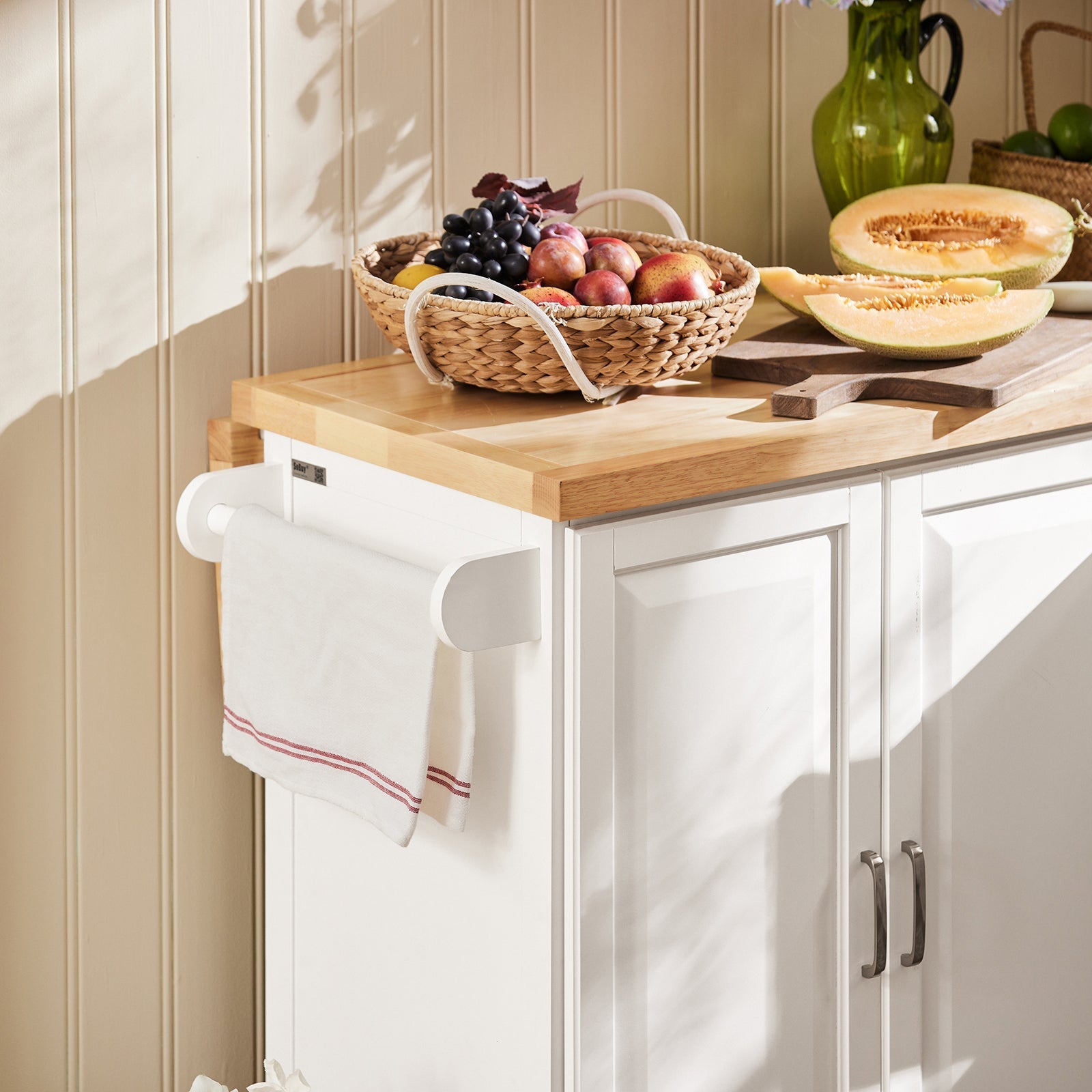 Carrello Cucina Mobile Cucina Bianco Con Route Credenza Cucina Piano in Legno FKW41-WN