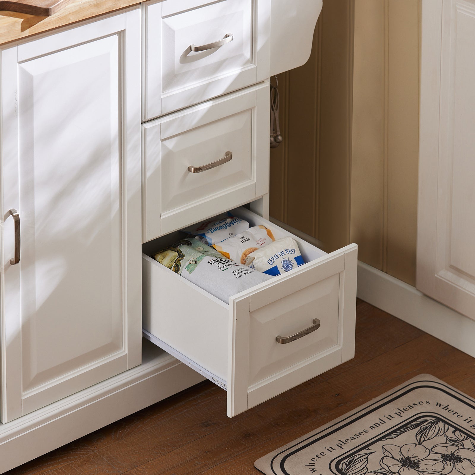 Carrello Cucina Mobile Cucina Bianco Con Route Credenza Cucina Piano in Legno FKW41-WN