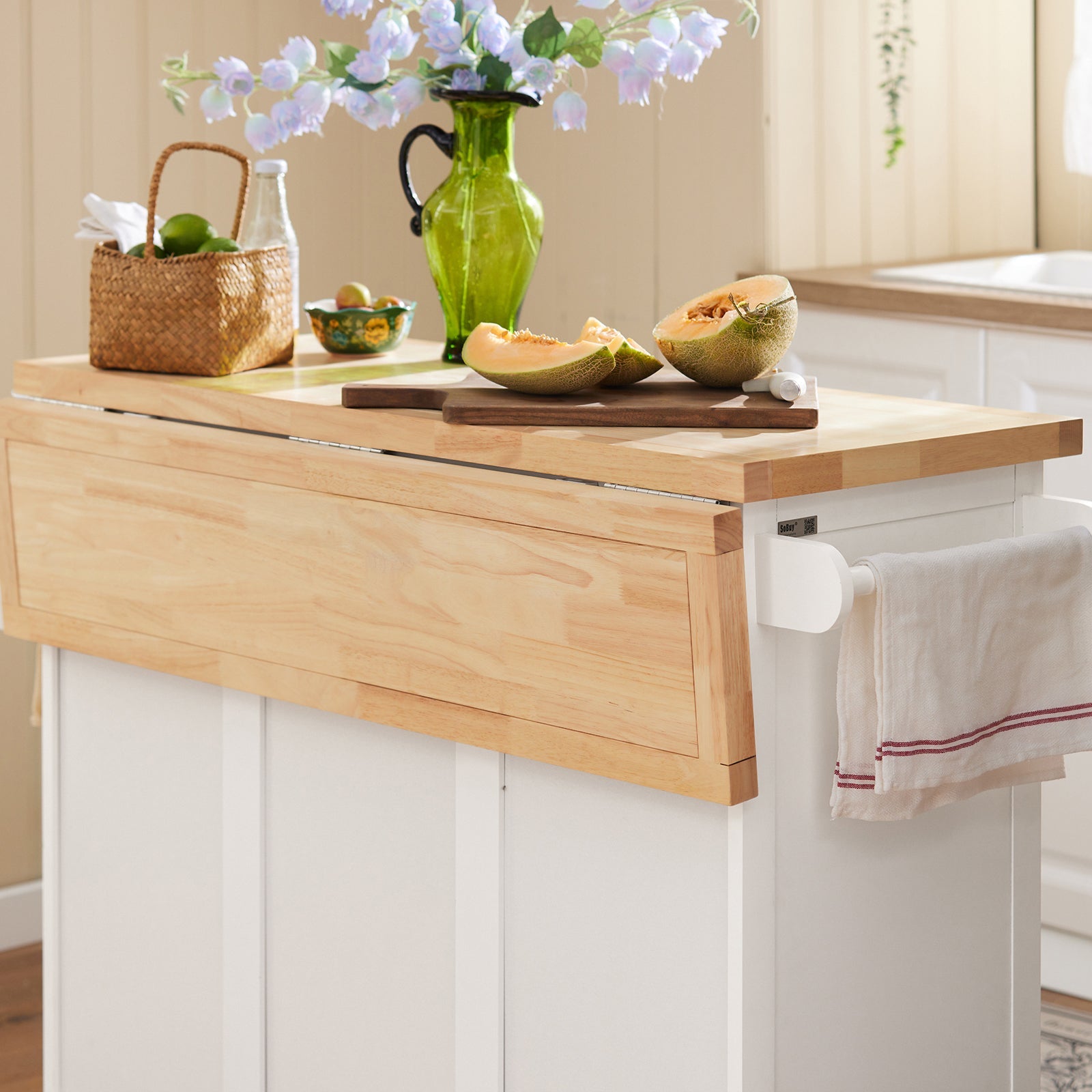 Carrello Cucina Mobile Cucina Bianco Con Route Credenza Cucina Piano in Legno FKW41-WN