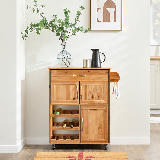 SoBuy Mobile Cucina Salvaspazio in Legno Massello con Ruote – Carrello Cucina con Cassetti e Portabottiglie, Mobiletto Credenza per Cucina o Sala da Pranzo Colore Naturale 75×38×86 cm FKW45-N