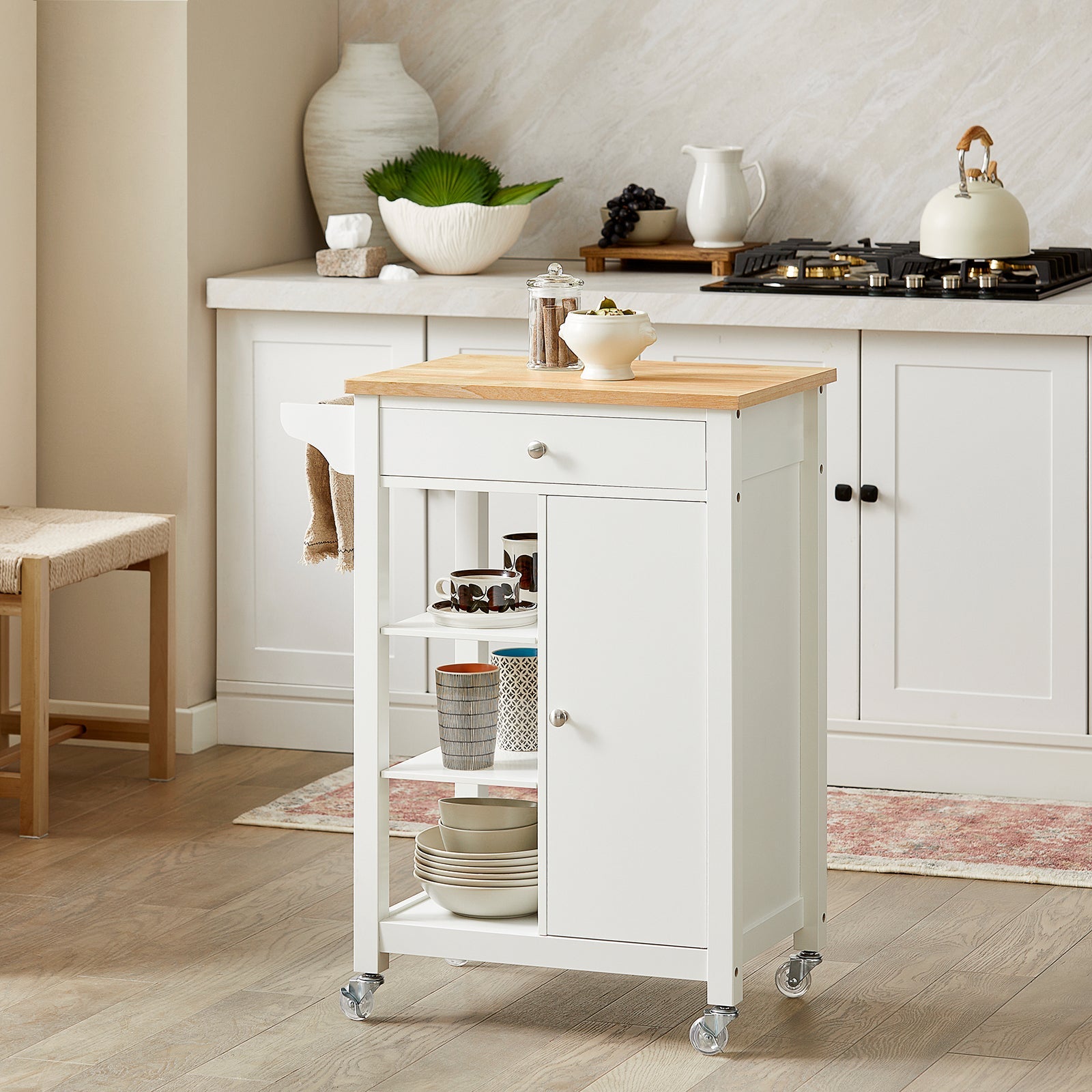 Carrello di servizio, Credenza in legno, mobile cucina, bianco, FKW46-WN