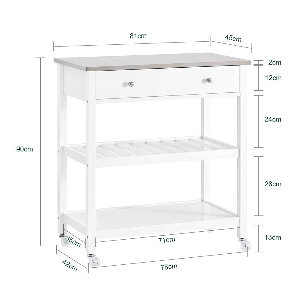 SoBuy Carrello Cucina con Ruote Isola Cucina Salvaspazio Bianca con Piano in Acciaio Inox Mobiletto Cucina con Cassetti Mobile Cucina per Dispensa, Ingresso o Giardino 81x90x45cm FKW47-II-W