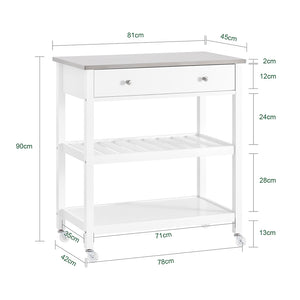 SoBuy Carrello Cucina con Ruote Isola Cucina Salvaspazio Bianca con Piano in Acciaio Inox Mobiletto Cucina con Cassetti Mobile Cucina per Dispensa, Ingresso o Giardino 81x90x45cm FKW47-II-W