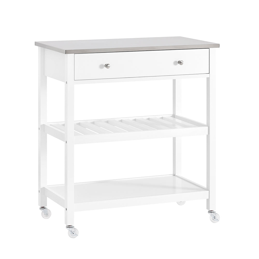 SoBuy Carrello Cucina con Ruote Isola Cucina Salvaspazio Bianca con Piano in Acciaio Inox Mobiletto Cucina con Cassetti Mobile Cucina per Dispensa, Ingresso o Giardino 81x90x45cm FKW47-II-W