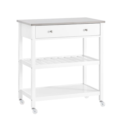 SoBuy Carrello Cucina con Ruote Isola Cucina Salvaspazio Bianca con Piano in Acciaio Inox Mobiletto Cucina con Cassetti Mobile Cucina per Dispensa, Ingresso o Giardino 81x90x45cm FKW47-II-W