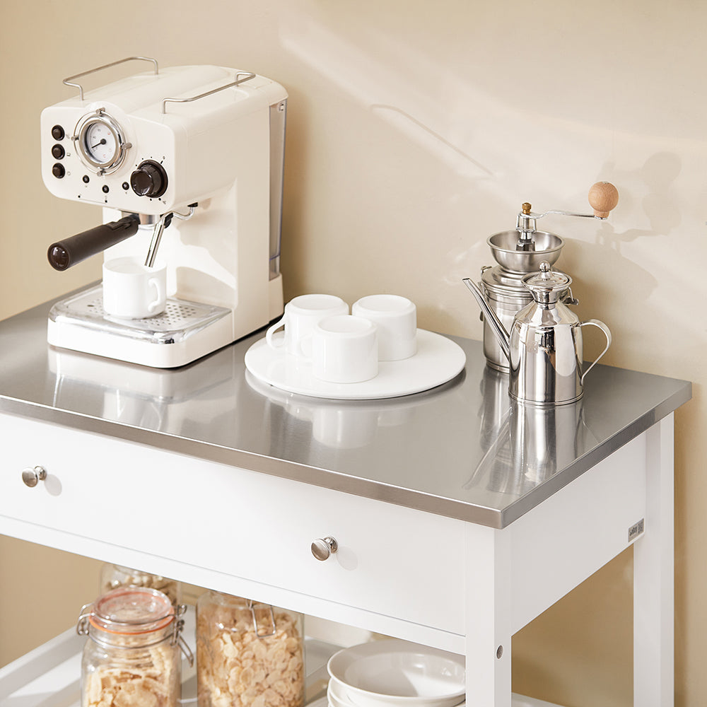 SoBuy Carrello Cucina con Ruote Isola Cucina Salvaspazio Bianca con Piano in Acciaio Inox Mobiletto Cucina con Cassetti Mobile Cucina per Dispensa, Ingresso o Giardino 81x90x45cm FKW47-II-W