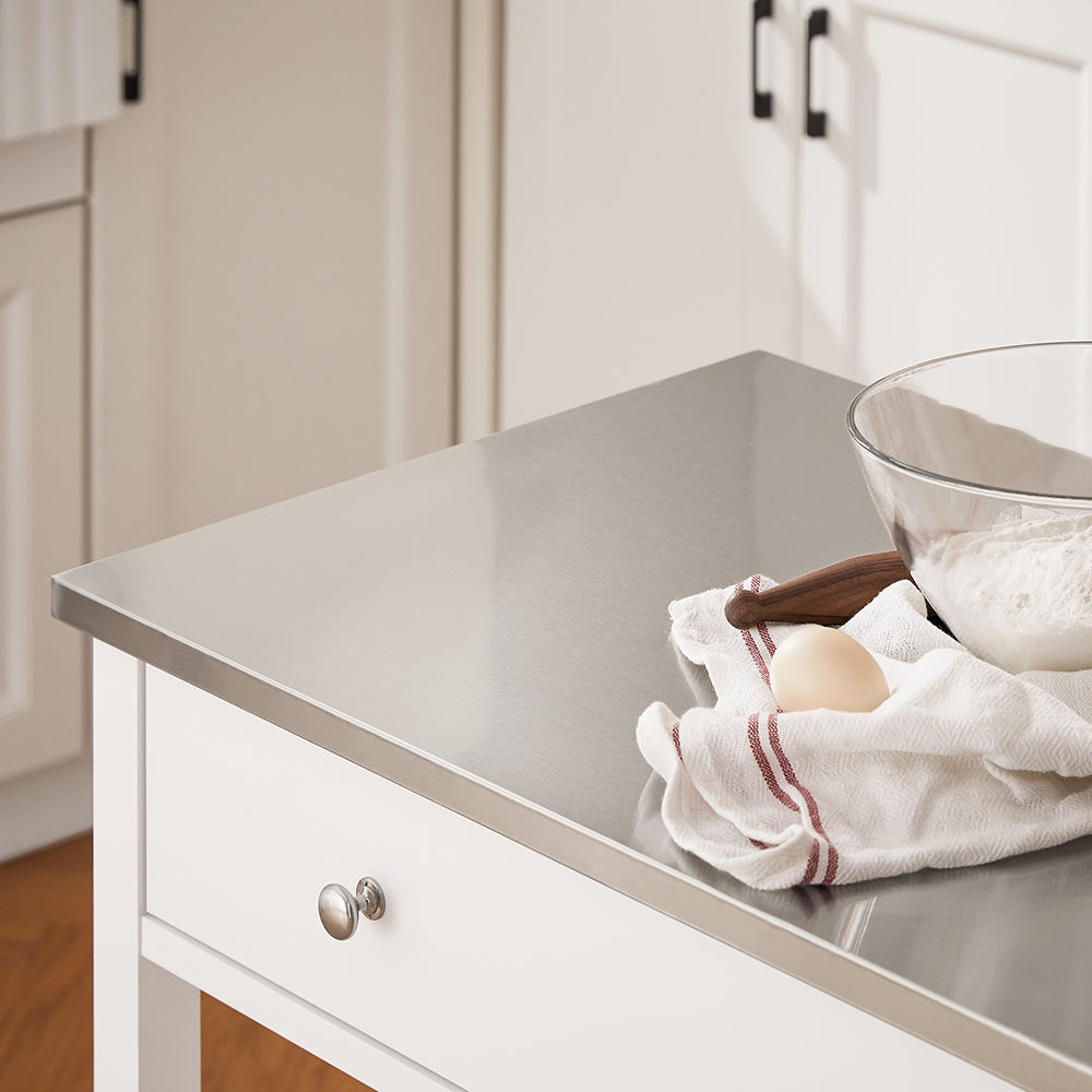 SoBuy Carrello Cucina con Ruote Isola Cucina Salvaspazio Bianca con Piano in Acciaio Inox Mobiletto Cucina con Cassetti Mobile Cucina per Dispensa, Ingresso o Giardino 81x90x45cm FKW47-II-W