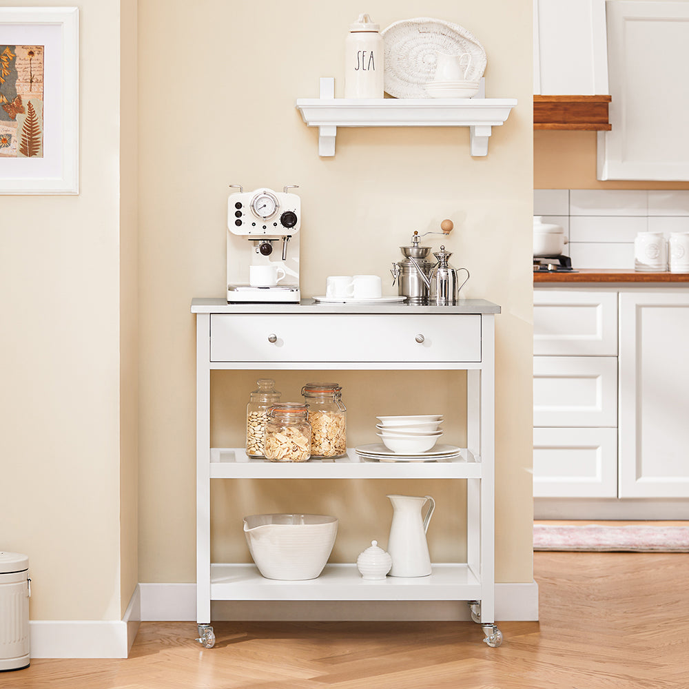 SoBuy Carrello Cucina con Ruote Isola Cucina Salvaspazio Bianca con Piano in Acciaio Inox Mobiletto Cucina con Cassetti Mobile Cucina per Dispensa, Ingresso o Giardino 81x90x45cm FKW47-II-W