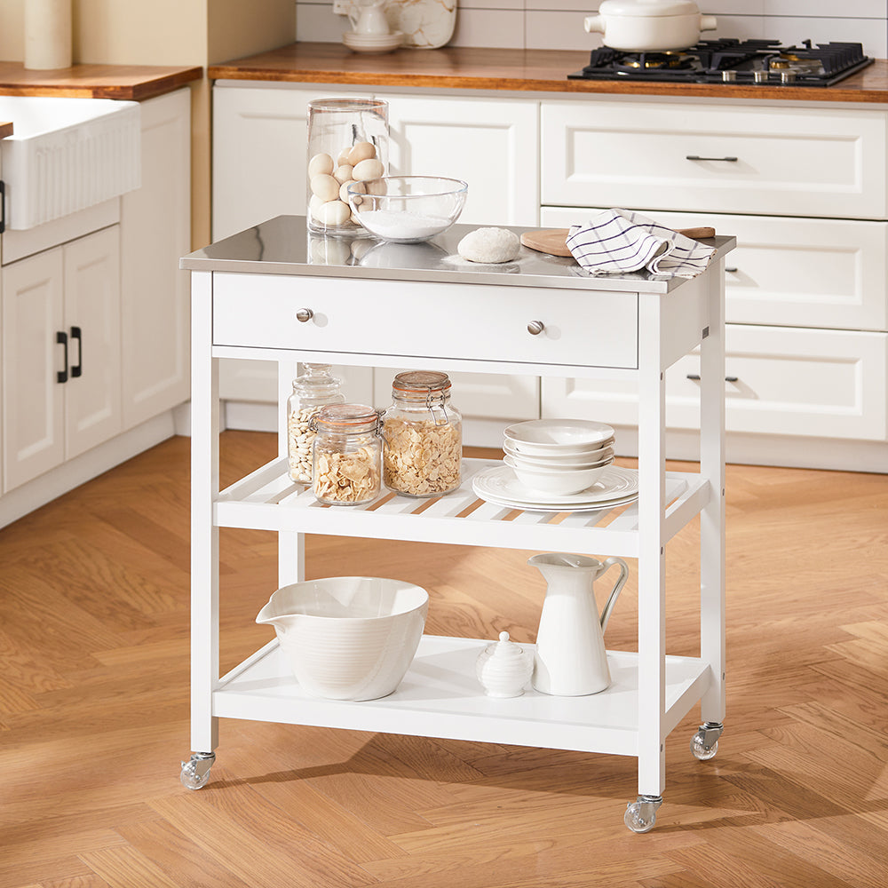 SoBuy Carrello Cucina con Ruote Isola Cucina Salvaspazio Bianca con Piano in Acciaio Inox Mobiletto Cucina con Cassetti Mobile Cucina per Dispensa, Ingresso o Giardino 81x90x45cm FKW47-II-W