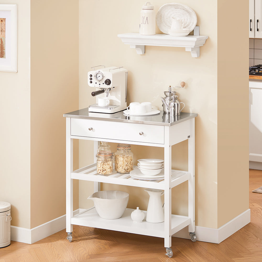 SoBuy Carrello Cucina con Ruote Isola Cucina Salvaspazio Bianca con Piano in Acciaio Inox Mobiletto Cucina con Cassetti Mobile Cucina per Dispensa, Ingresso o Giardino 81x90x45cm FKW47-II-W