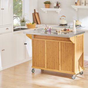 Carrello Cucina Credenza Legno Piano Lavoro Cucina Piano in Acciaio è allungabile FKW69-N