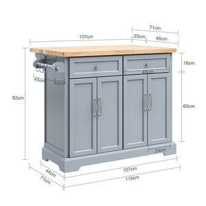 SoBuy Carrello Cucina con Ruote, Isola Cucina con Piano di Lavoro Estensibile, 2 Cassetti e Ripiani Regolabili Mobile Salvaspazio per Mobili da Cucina, Grigio 115 x 46-71 x 92 cm FKW71-II-HG