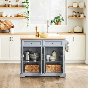 SoBuy Carrello Cucina con Ruote, Isola Cucina con Piano di Lavoro Estensibile, 2 Cassetti e Ripiani Regolabili Mobile Salvaspazio per Mobili da Cucina, Grigio 115 x 46-71 x 92 cm FKW71-II-HG