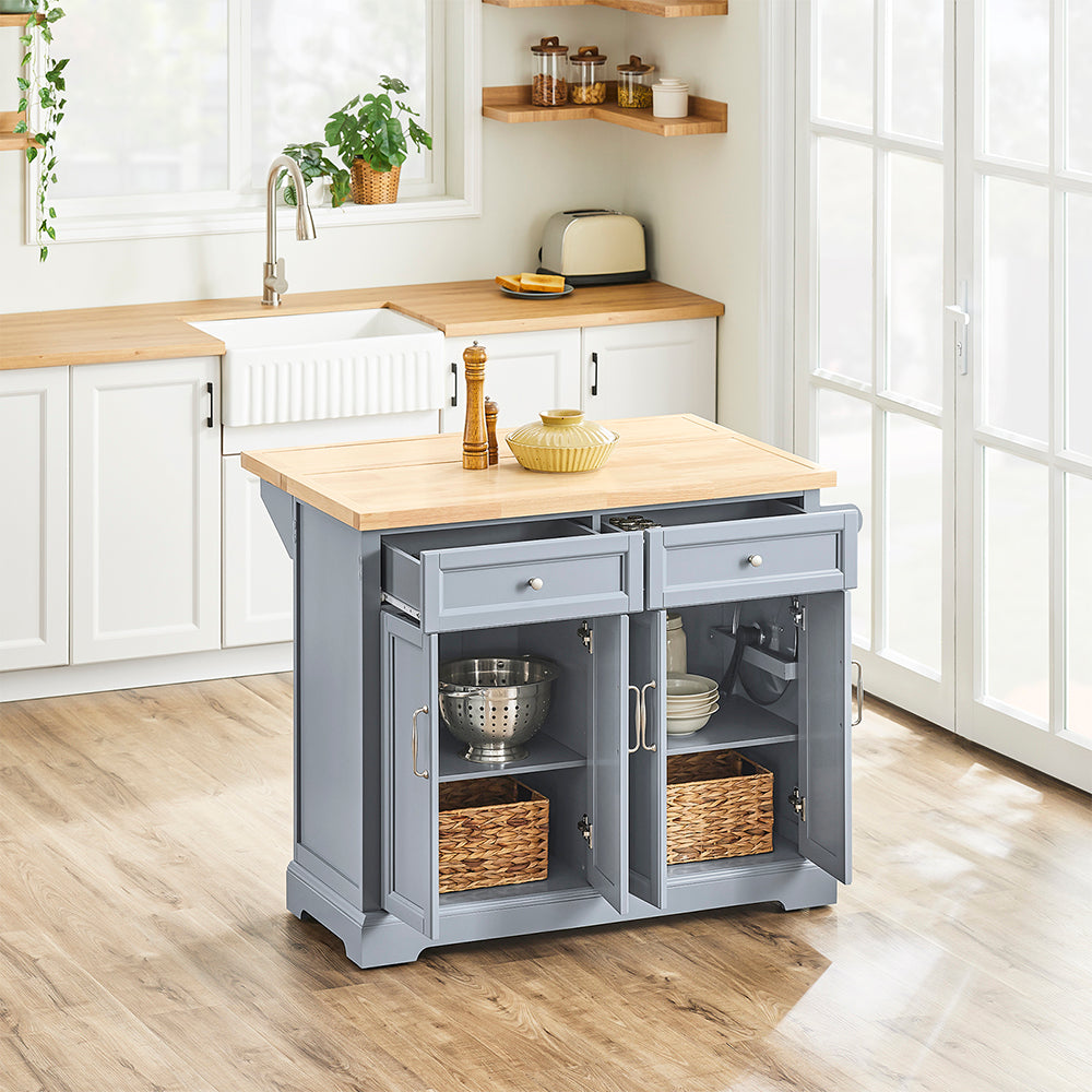 SoBuy Carrello Cucina con Ruote, Isola Cucina con Piano di Lavoro Estensibile, 2 Cassetti e Ripiani Regolabili Mobile Salvaspazio per Mobili da Cucina, Grigio 115 x 46-71 x 92 cm FKW71-II-HG