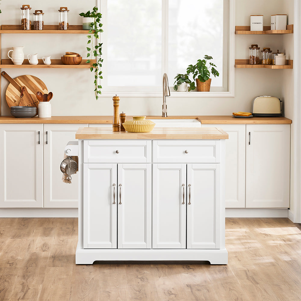 SoBuy Carrello Cucina con Ruote, Isola Cucina con Piano di Lavoro Estensibile, 2 Cassetti e Ripiani Regolabili Mobile Salvaspazio per Mobili da Cucina, Bianco 115 x (46-71) x 92 cm FKW71-II-WN