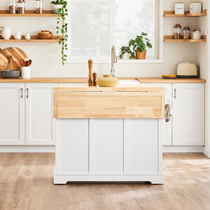 SoBuy Carrello Cucina con Ruote, Isola Cucina con Piano di Lavoro Estensibile, 2 Cassetti e Ripiani Regolabili Mobile Salvaspazio per Mobili da Cucina, Bianco 115 x (46-71) x 92 cm FKW71-II-WN