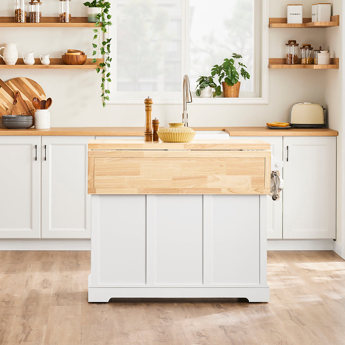 SoBuy Carrello Cucina con Ruote, Isola Cucina con Piano di Lavoro Estensibile, 2 Cassetti e Ripiani Regolabili Mobile Salvaspazio per Mobili da Cucina, Bianco 115 x (46-71) x 92 cm FKW71-II-WN