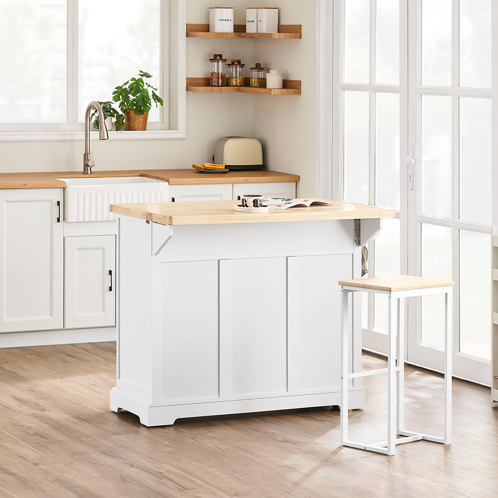 SoBuy Carrello Cucina con Ruote, Isola Cucina con Piano di Lavoro Estensibile, 2 Cassetti e Ripiani Regolabili Mobile Salvaspazio per Mobili da Cucina, Bianco 115 x (46-71) x 92 cm FKW71-II-WN