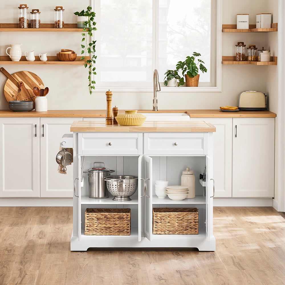 SoBuy Carrello Cucina con Ruote, Isola Cucina con Piano di Lavoro Estensibile, 2 Cassetti e Ripiani Regolabili Mobile Salvaspazio per Mobili da Cucina, Bianco 115 x (46-71) x 92 cm FKW71-II-WN