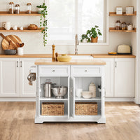 SoBuy Carrello Cucina con Ruote, Isola Cucina con Piano di Lavoro Estensibile, 2 Cassetti e Ripiani Regolabili Mobile Salvaspazio per Mobili da Cucina, Bianco 115 x (46-71) x 92 cm FKW71-II-WN