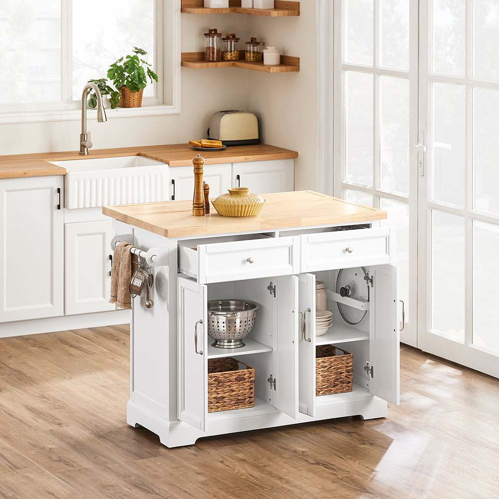 SoBuy Carrello Cucina con Ruote, Isola Cucina con Piano di Lavoro Estensibile, 2 Cassetti e Ripiani Regolabili Mobile Salvaspazio per Mobili da Cucina, Bianco 115 x (46-71) x 92 cm FKW71-II-WN