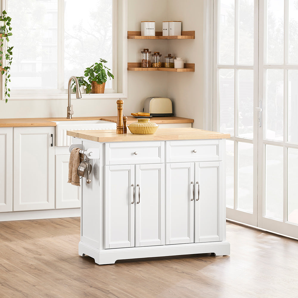 SoBuy Carrello Cucina con Ruote, Isola Cucina con Piano di Lavoro Estensibile, 2 Cassetti e Ripiani Regolabili Mobile Salvaspazio per Mobili da Cucina, Bianco 115 x (46-71) x 92 cm FKW71-II-WN