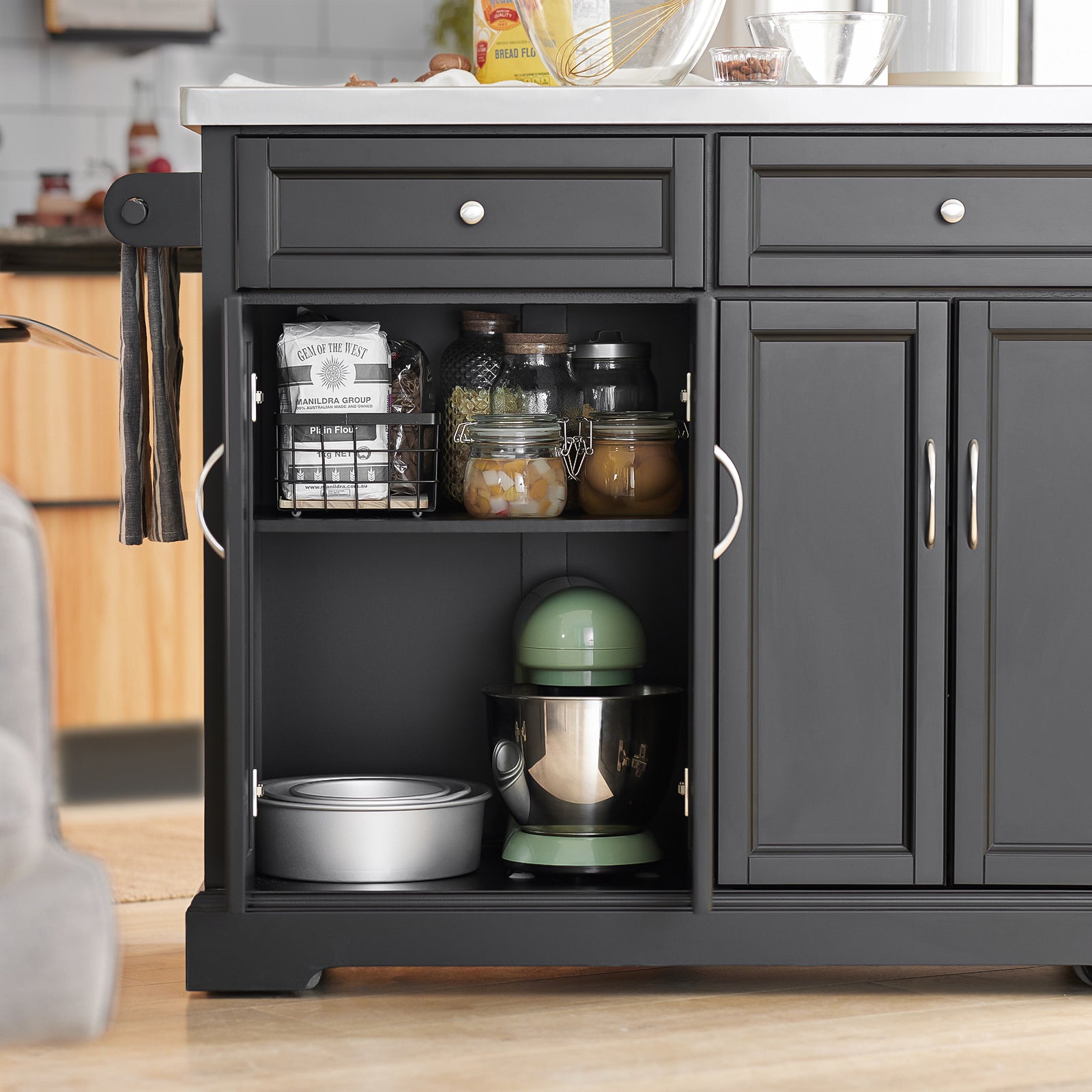 Carrello Cucina Credenza Cucina Mobile Cucina Bianco Con Route Piano Allungabile Nero FKW71-SCH