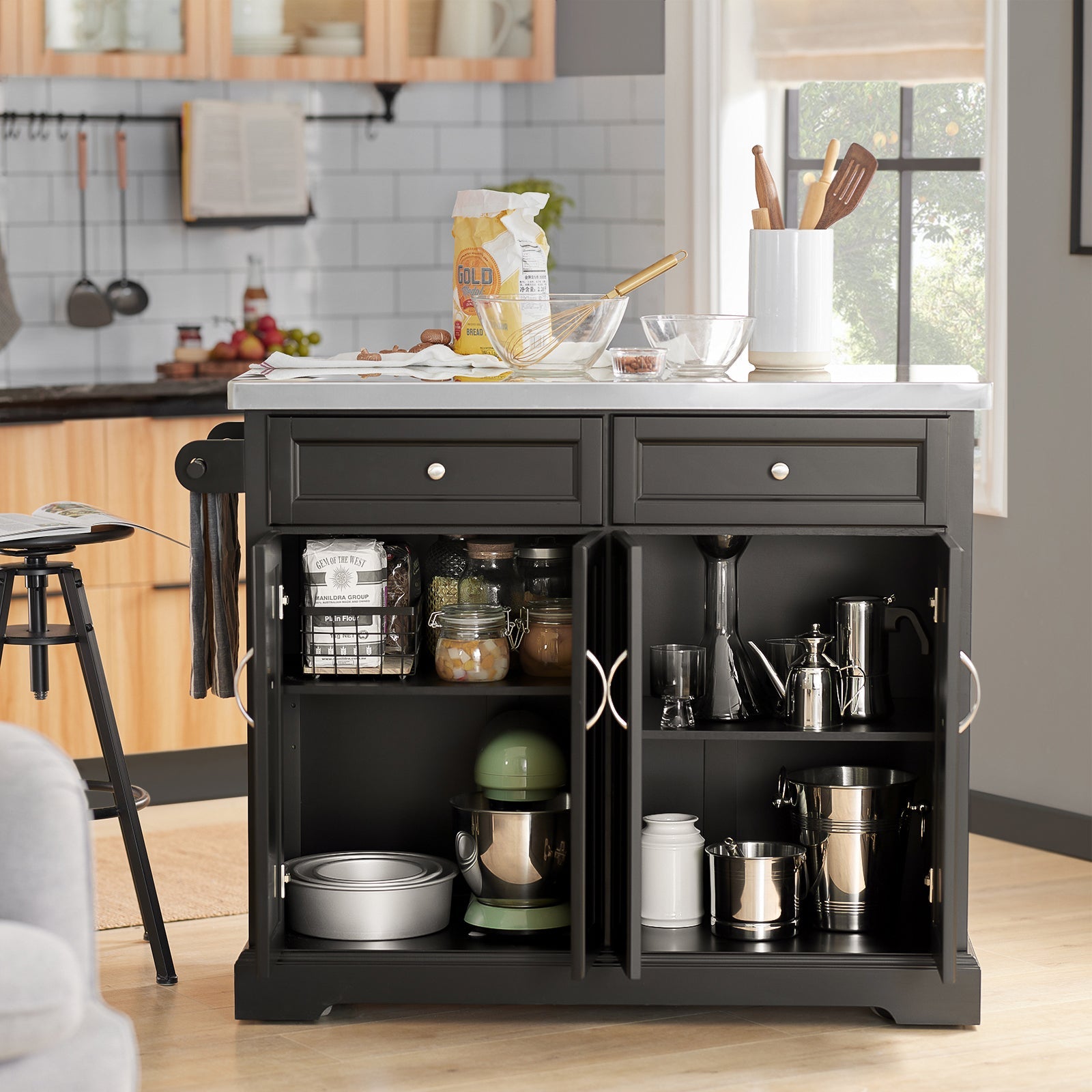 Carrello Cucina Credenza Cucina Mobile Cucina Bianco Con Route Piano Allungabile Nero FKW71-SCH