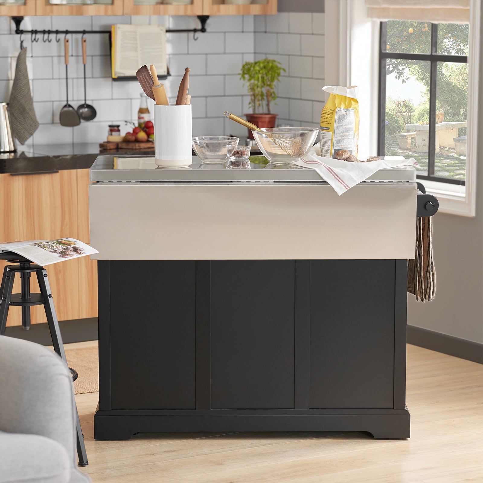 Carrello Cucina Credenza Cucina Mobile Cucina Bianco Con Route Piano Allungabile Nero FKW71-SCH