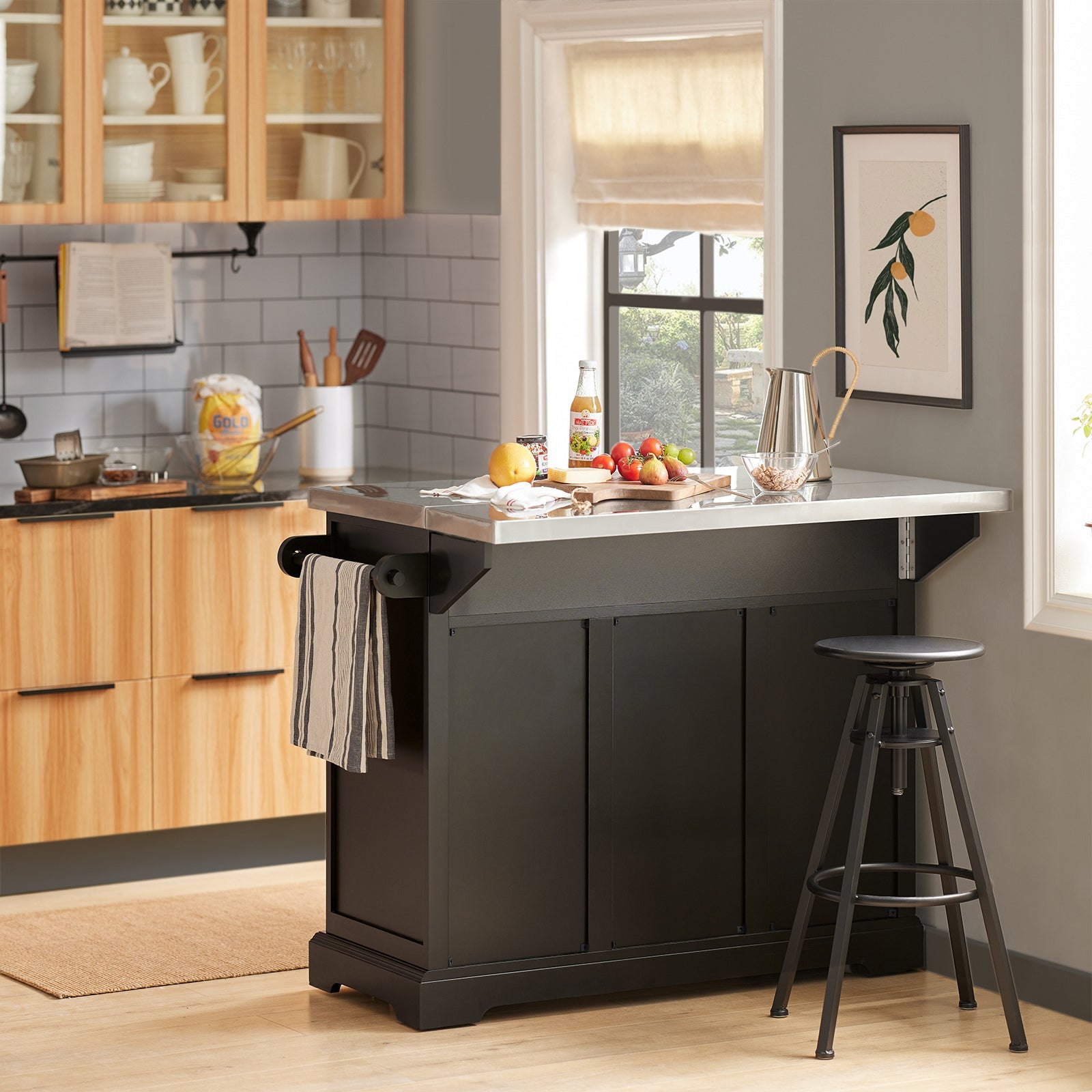 Carrello Cucina Credenza Cucina Mobile Cucina Bianco Con Route Piano Allungabile Nero FKW71-SCH