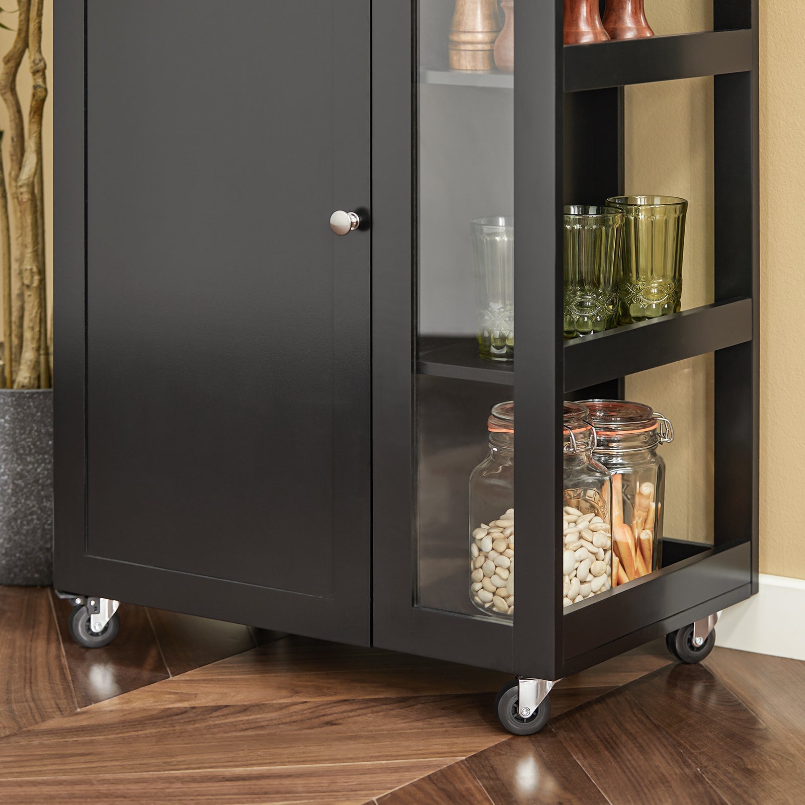 Carrello Cucina Credenza Bianca Con Armadio e portabottiglie Nero FKW75-SCH