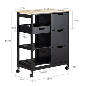 Carrello Cucina Credenza da Cucina o Bagno con 3 cassetti e 1 Cestino L68*P38*A85 cm colore nero FKW79-SCH
