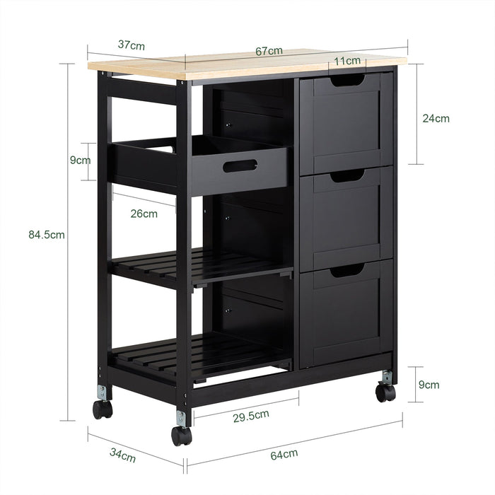Carrello Cucina Credenza da Cucina o Bagno con 3 cassetti e 1 Cestino L68*P38*A85 cm colore nero FKW79-SCH