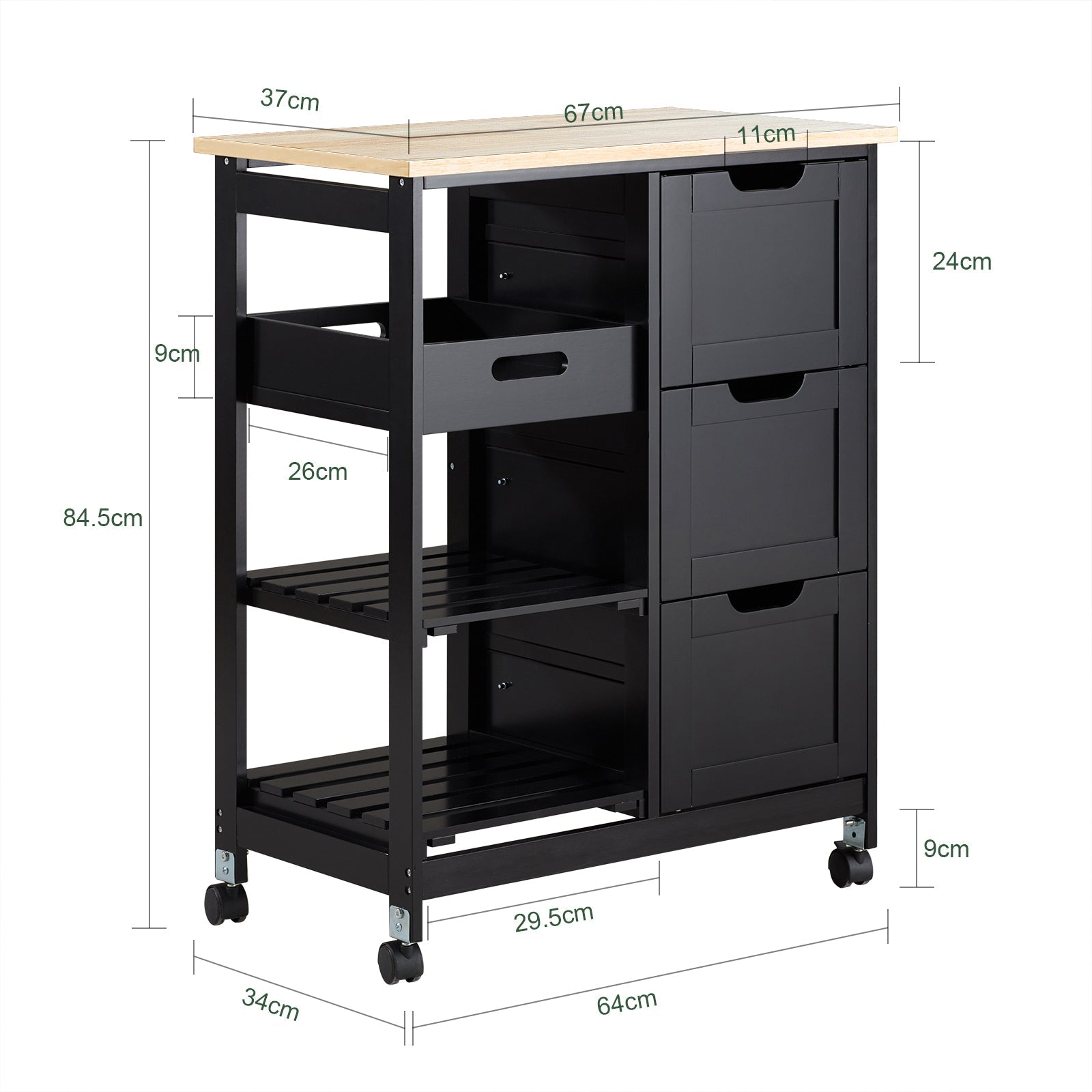 Carrello Cucina Credenza da Cucina o Bagno con 3 cassetti e 1 Cestino L68*P38*A85 cm colore nero FKW79-SCH