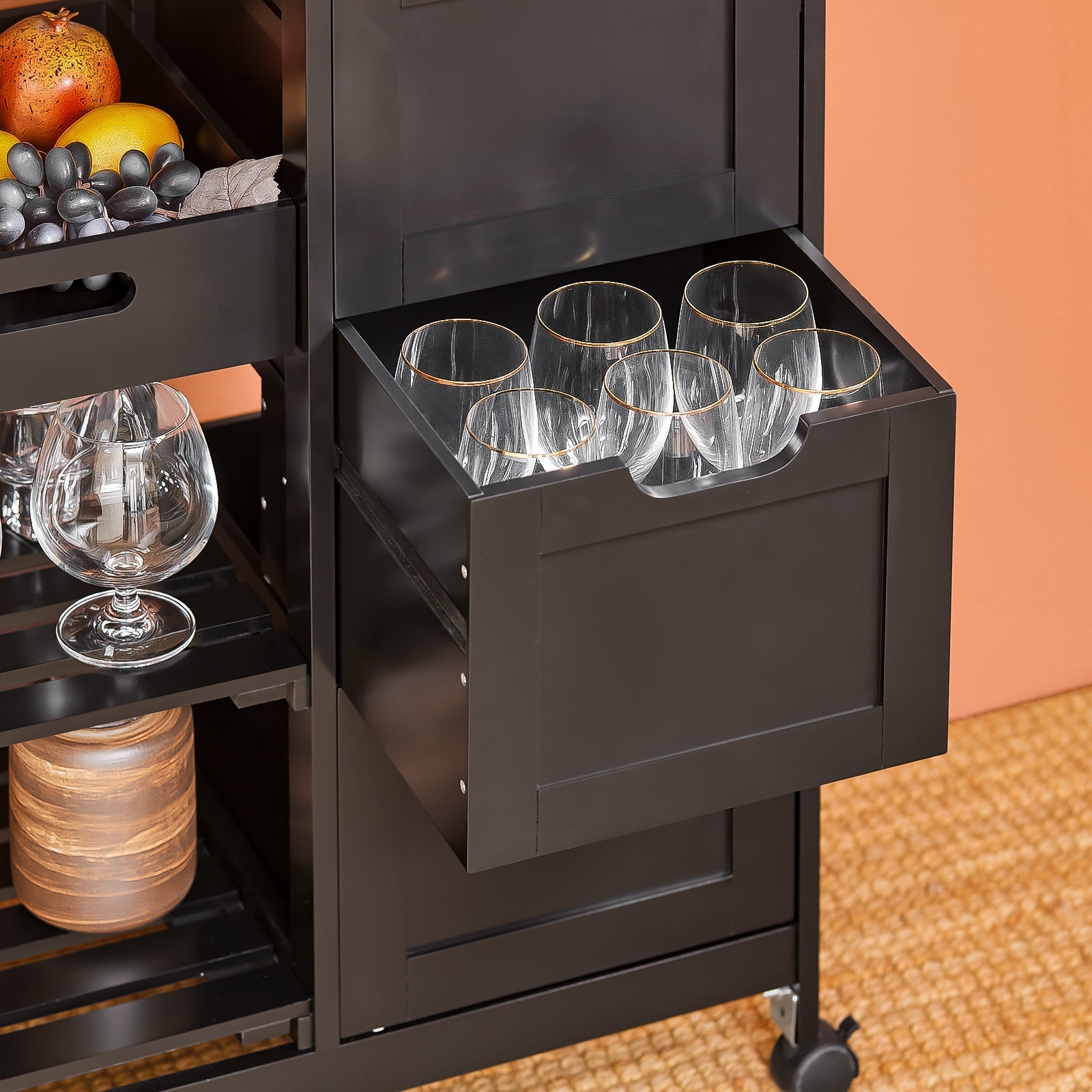 Carrello Cucina Credenza da Cucina o Bagno con 3 cassetti e 1 Cestino L68*P38*A85 cm colore nero FKW79-SCH