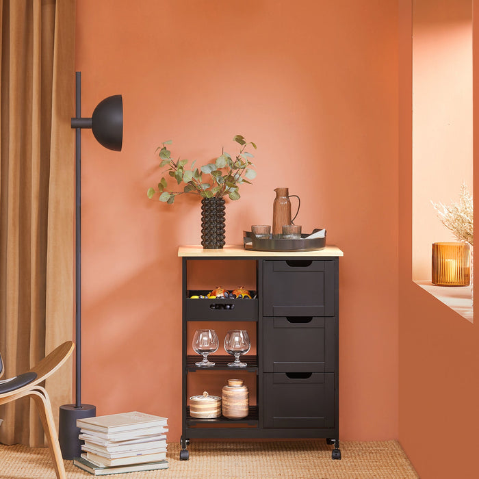 Carrello Cucina Credenza da Cucina o Bagno con 3 cassetti e 1 Cestino L68*P38*A85 cm colore nero FKW79-SCH