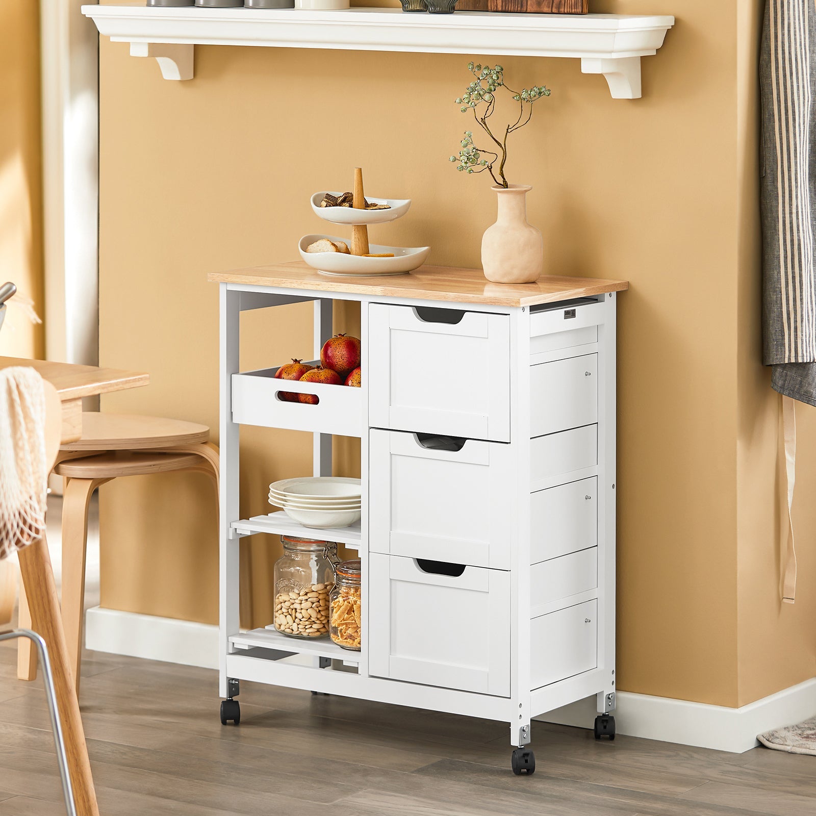 Carrello Cucina Credenza da Cucina o Bagno con 3 cassetti e 1 Cestino L68*P38*A85 cm colore bianco FKW79-W
