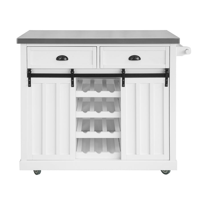Credenza cucina vetrina Shabby Isola cucina con ruote Piano in acciaio inossidabile con portabottiglie e 2 armadietti L116*P46*A95 cm bianco FKW94-W