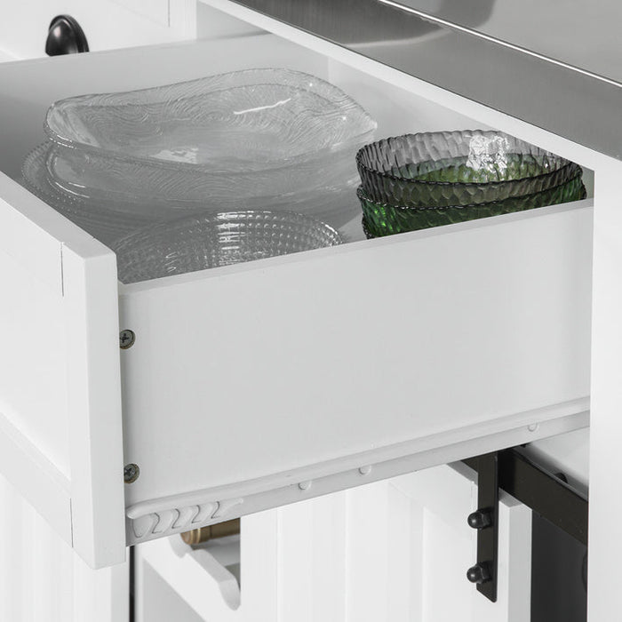 Credenza cucina vetrina Shabby Isola cucina con ruote Piano in acciaio inossidabile con portabottiglie e 2 armadietti L116*P46*A95 cm bianco FKW94-W