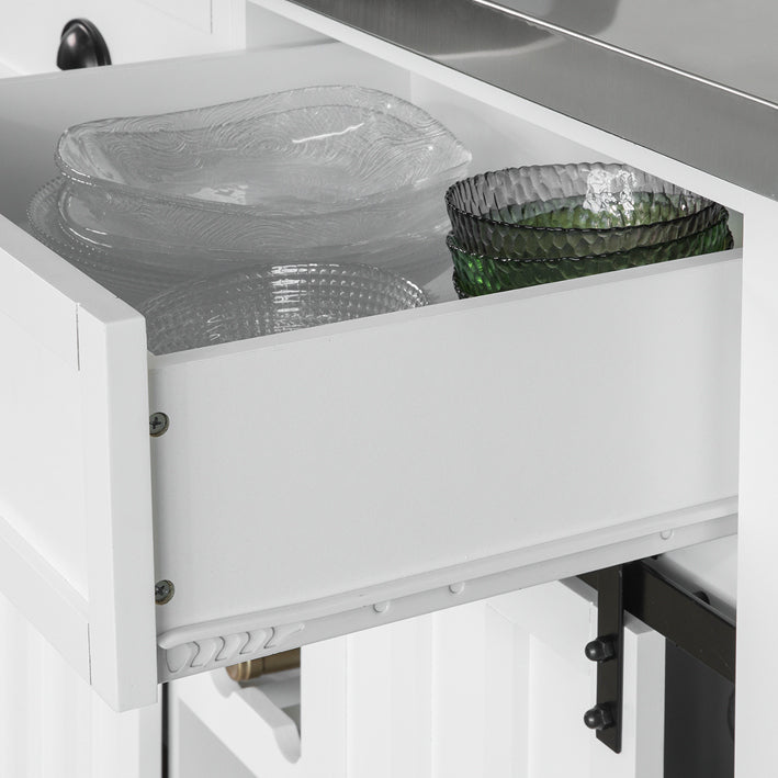 Credenza cucina vetrina Shabby Isola cucina con ruote Piano in acciaio inossidabile con portabottiglie e 2 armadietti L116*P46*A95 cm bianco FKW94-W